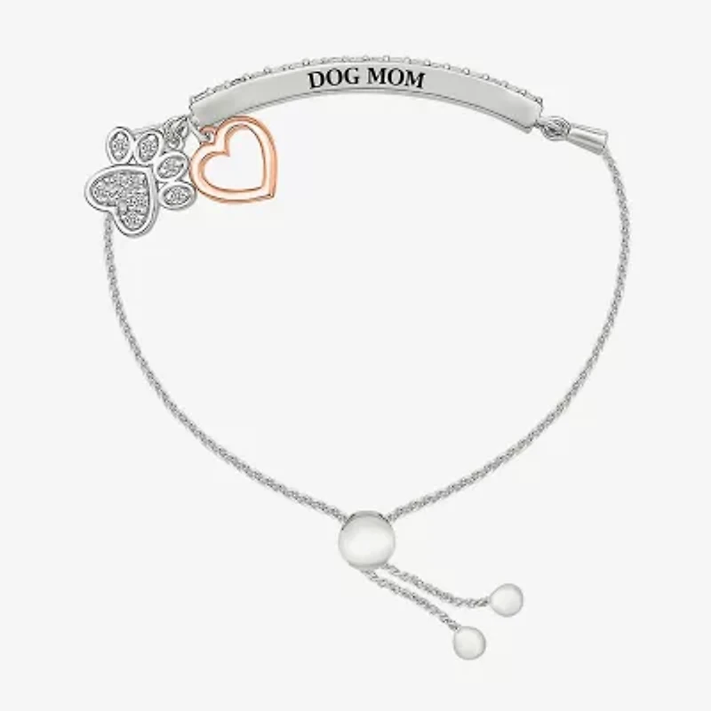 "Paw Print" Womens Lab Created White Sapphire 10K Rose Gold Sterling Silver Heart Bolo Bracelet