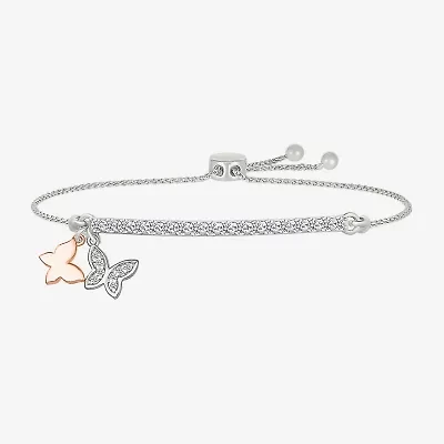 Womens Lab Created White Sapphire 10K Rose Gold Sterling Silver Butterfly Bolo Bracelet