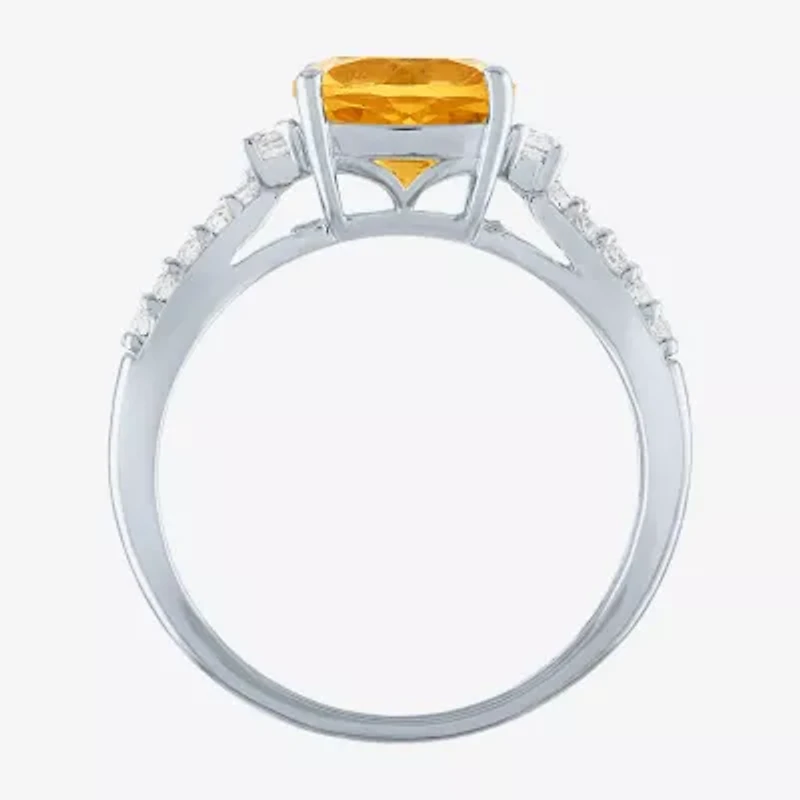 Womens Genuine Yellow Citrine Sterling Silver Side Stone Cocktail Ring