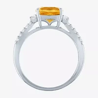 Womens Genuine Yellow Citrine Sterling Silver Side Stone Cocktail Ring