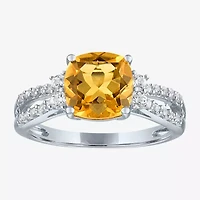 Womens Genuine Yellow Citrine Sterling Silver Side Stone Cocktail Ring