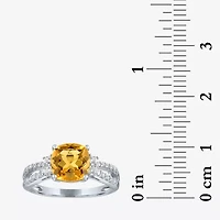 Womens Genuine Yellow Citrine Sterling Silver Side Stone Cocktail Ring