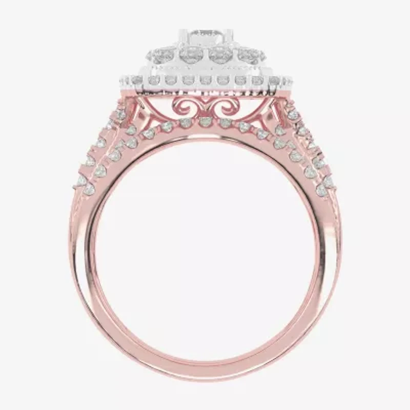 (H-I / Si1-Si2) Womens 1 CT. T.W. Lab Grown White Diamond 10K or 14K Gold Cushion Halo Bridal Set