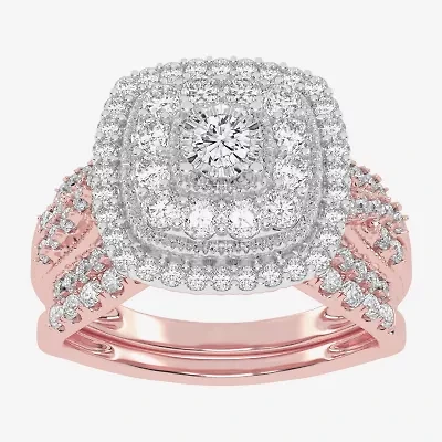(H-I / Si1-Si2) Womens 1 CT. T.W. Lab Grown White Diamond 10K or 14K Gold Cushion Halo Bridal Set