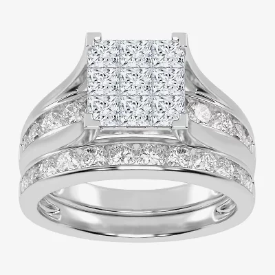 2 CT.T.W. Natural Princess & Round Diamond 10K or 14K White Gold Bridal Ring Set