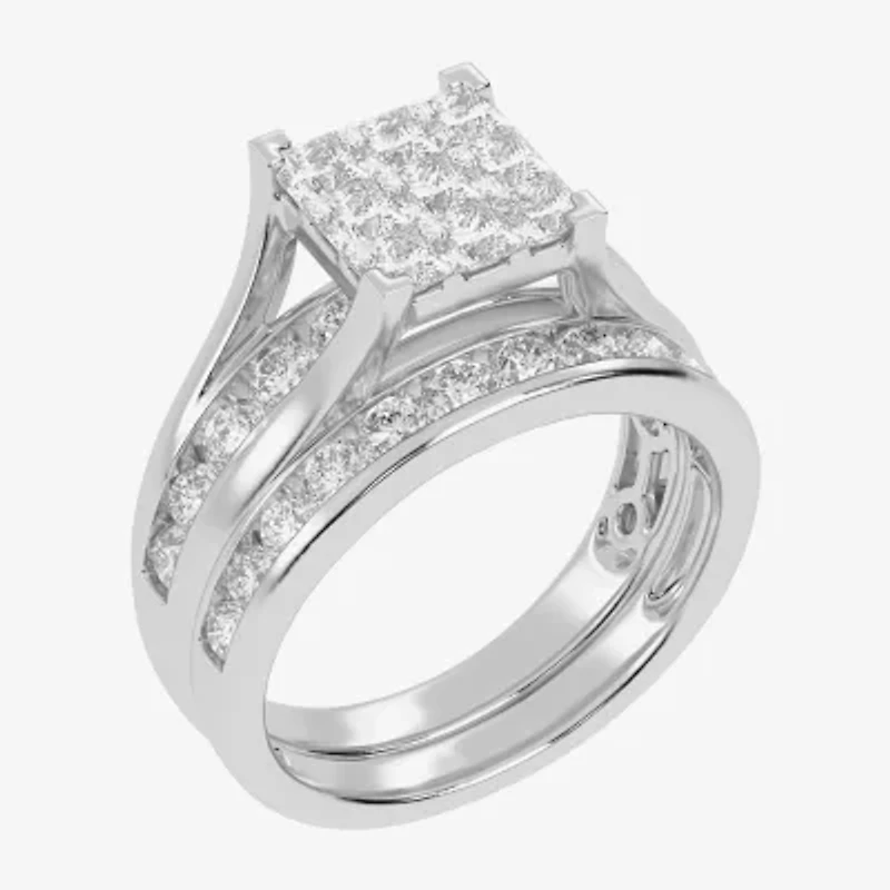 2 CT.T.W. Natural Princess & Round Diamond 10K or 14K White Gold Bridal Ring Set