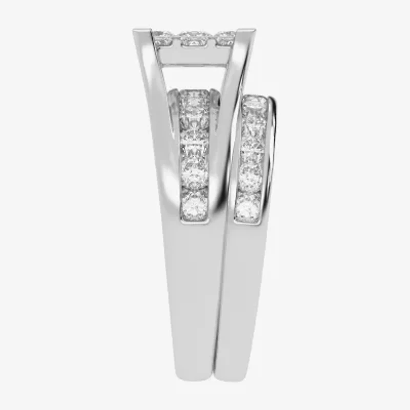 2 CT.T.W. Natural Princess & Round Diamond 10K or 14K White Gold Bridal Ring Set