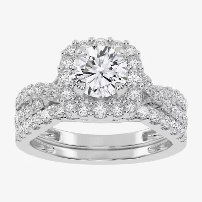 Signature By Modern Bride (G-H / Si1-Si2) Womens Lab Grown White Diamond 10K Gold Round Side Stone Halo Bridal Set