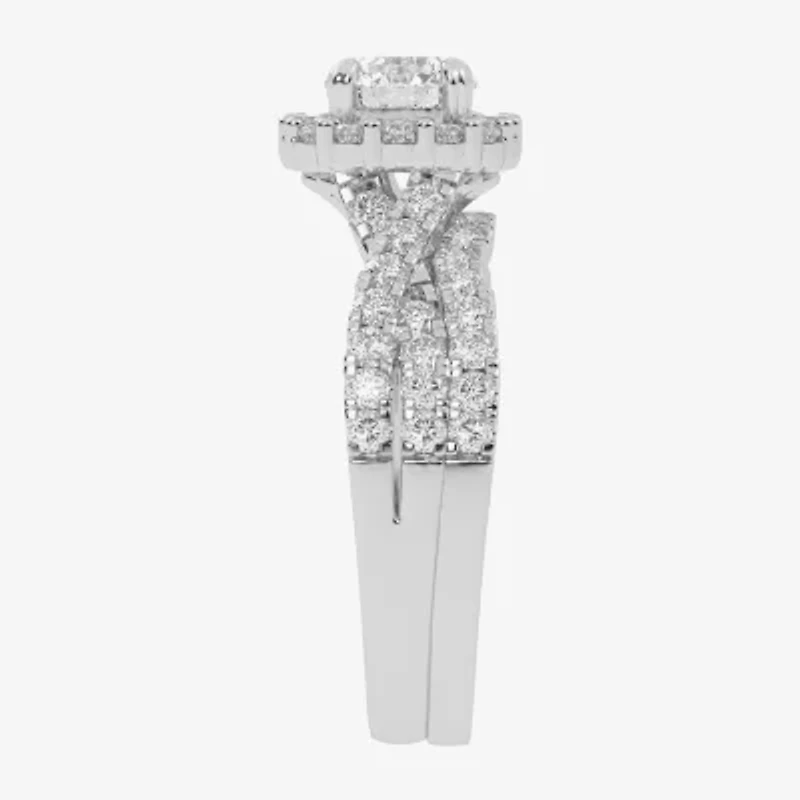 Signature By Modern Bride (G-H / Si1-Si2) Womens Lab Grown White Diamond 10K Gold Round Side Stone Halo Bridal Set