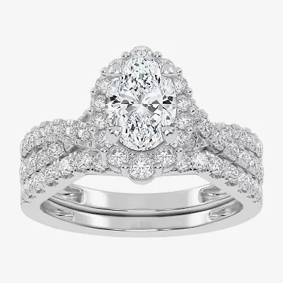 Signature By Modern Bride (G-H / Si1-Si2) Womens 1 1/3 CT. T.W. Lab Grown White Diamond 10K Gold Oval Side Stone Halo Bridal Set