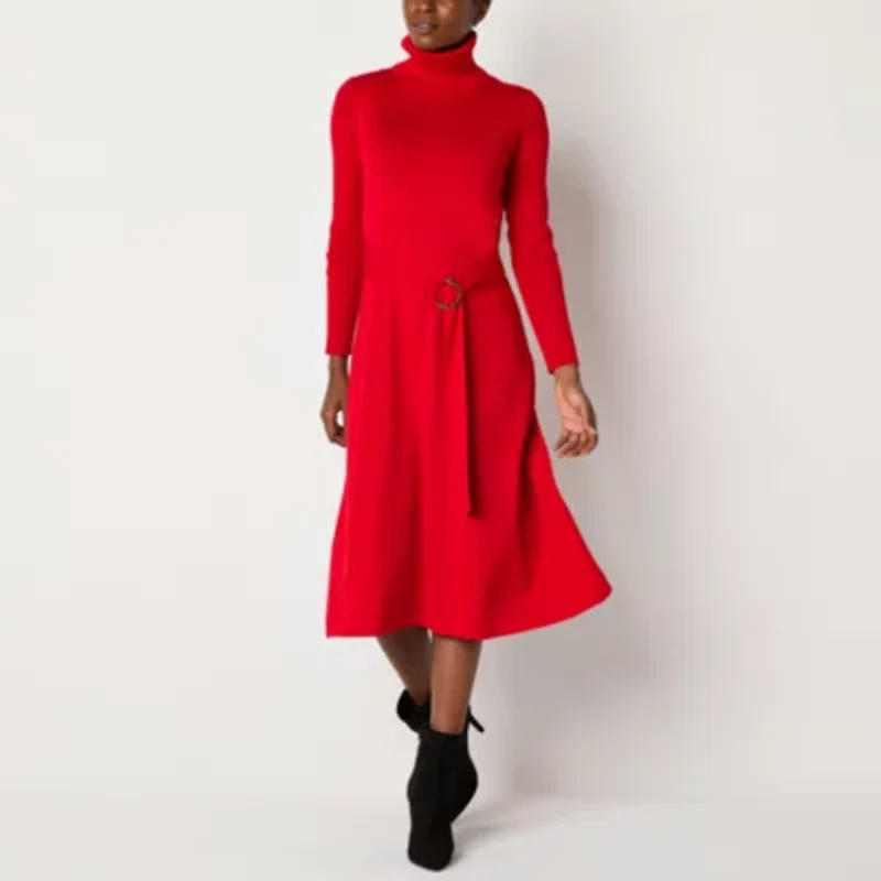 Maia Womens Long Sleeve Belted Midi Sweater Dress