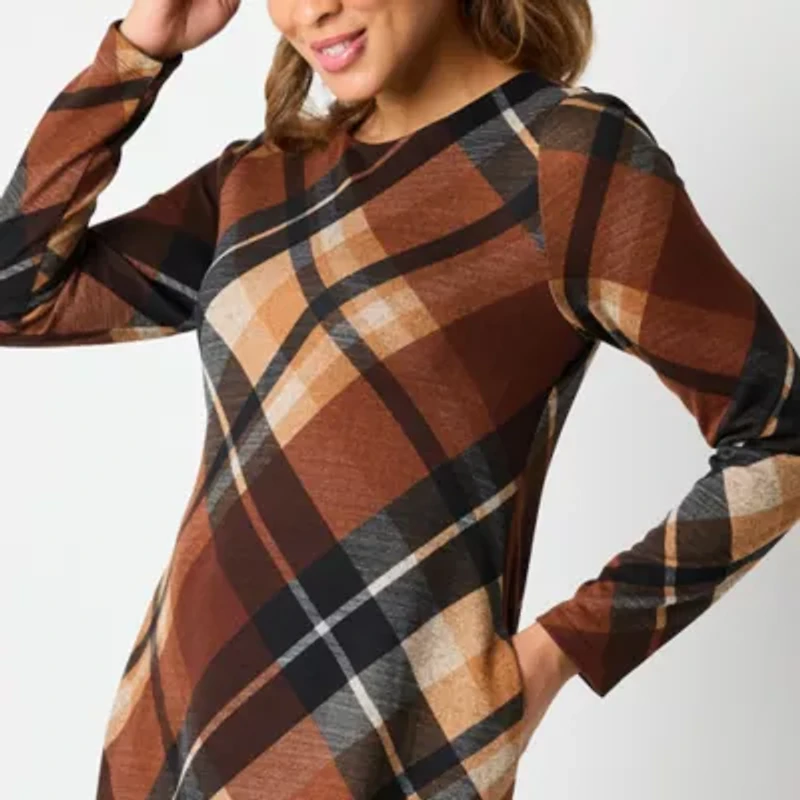 R & K Originals Womens Long Sleeve Plaid Shift Dress