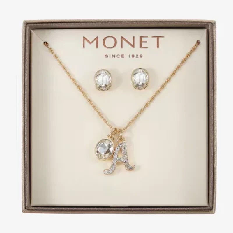 Monet Jewelry Gold Tone Initial Charm Necklace & Stud Earring Womens Glass Oval 2-pc. Set