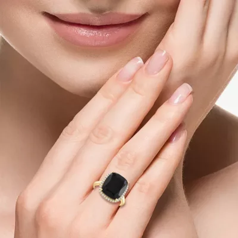 Effy Final Call Womens 1/4 CT. T.W. Genuine Black Onyx 14K Gold Cushion Halo Cocktail Ring