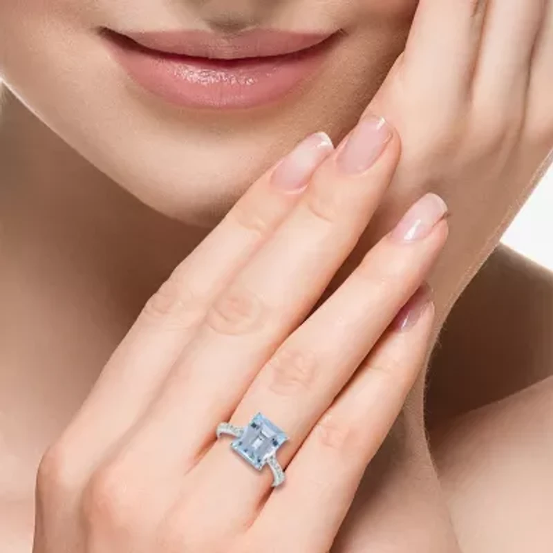 Effy Final Call Womens 1/5 CT. Genuine Blue Aquamarine 14K White Gold Side Stone Cocktail Ring