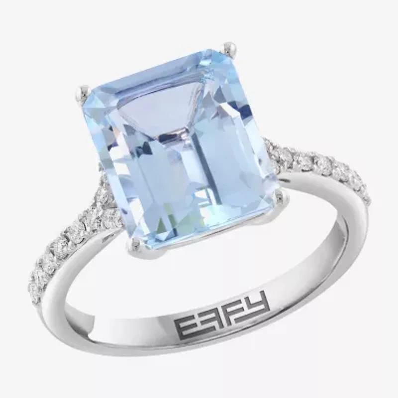 Effy Final Call Womens 1/5 CT. Genuine Blue Aquamarine 14K White Gold Side Stone Cocktail Ring
