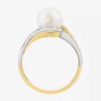 Effy Final Call Womens 1/7 CT. T.W. 8MM Genuine White Cultured Freshwater Pearl 14K Gold Round Side Stone Bypass  Cocktail Ring