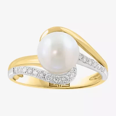 Effy Final Call Womens 1/7 CT. T.W. 8MM Genuine White Cultured Freshwater Pearl 14K Gold Round Side Stone Bypass  Cocktail Ring