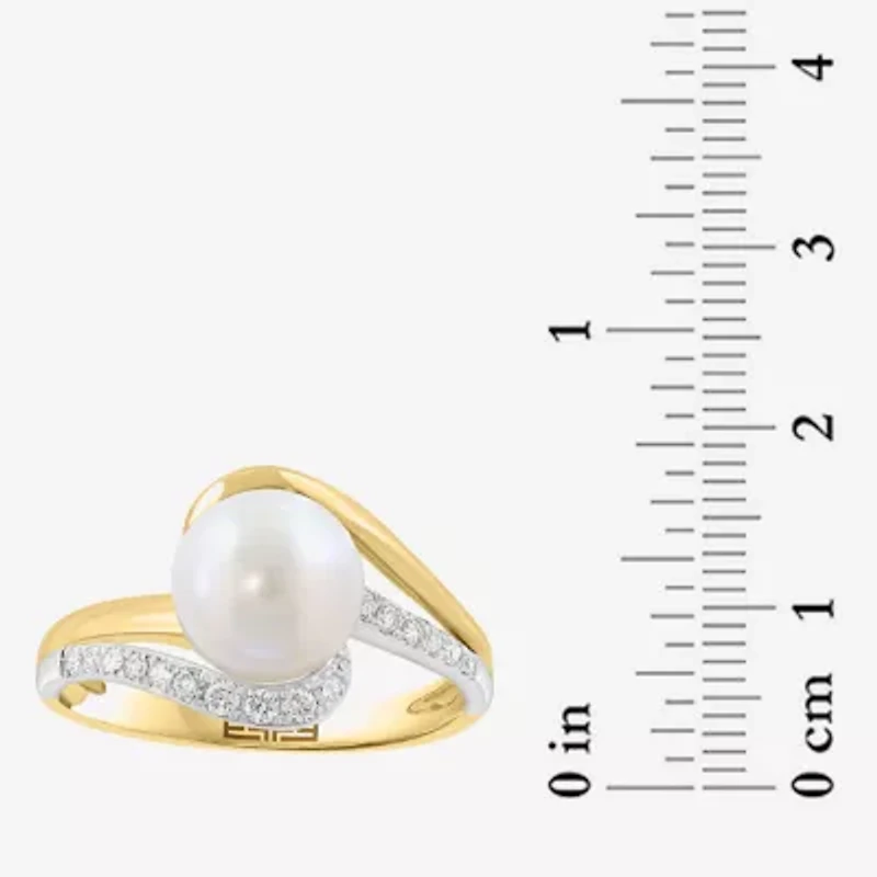 Effy Final Call Womens 1/7 CT. T.W. 8MM Genuine White Cultured Freshwater Pearl 14K Gold Round Side Stone Bypass  Cocktail Ring