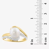 Effy Final Call Womens 1/7 CT. T.W. 8MM Genuine White Cultured Freshwater Pearl 14K Gold Round Side Stone Bypass  Cocktail Ring