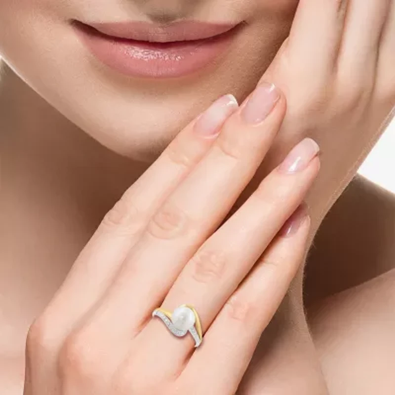 Effy Final Call Womens 1/7 CT. T.W. 8MM Genuine White Cultured Freshwater Pearl 14K Gold Round Side Stone Bypass  Cocktail Ring