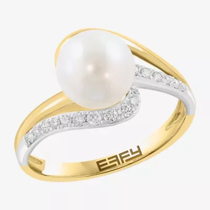 Effy Final Call Womens 1/7 CT. T.W. 8MM Genuine White Cultured Freshwater Pearl 14K Gold Round Side Stone Bypass  Cocktail Ring