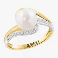 Effy Final Call Womens 1/7 CT. T.W. 8MM Genuine White Cultured Freshwater Pearl 14K Gold Round Side Stone Bypass  Cocktail Ring