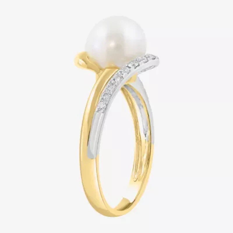 Effy Final Call Womens 1/7 CT. T.W. 8MM Genuine White Cultured Freshwater Pearl 14K Gold Round Side Stone Bypass  Cocktail Ring