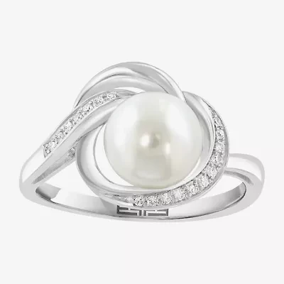 Effy Final Call Womens Diamond Accent 7-7.5MM Genuine White Cultured Freshwater Pearl 14K White Gold Round Cocktail Ring