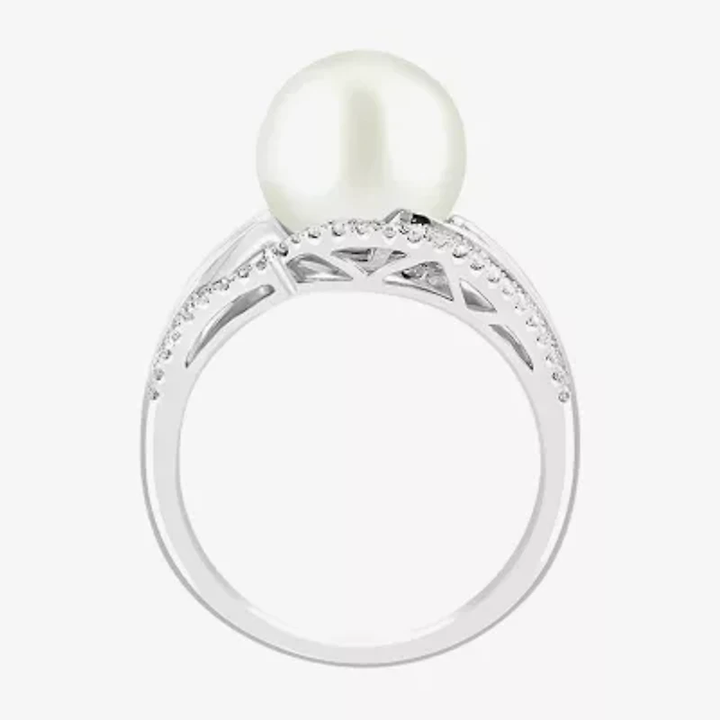 Effy Final Call Womens 1/2 CT. T.W. 10-10.5MM Genuine White Cultured Freshwater Pearl 14K White Gold Round Side Stone Cocktail Ring