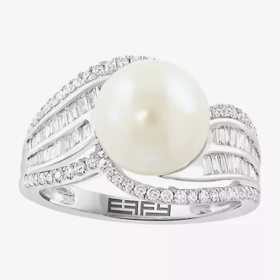 Effy Final Call Womens 1/2 CT. T.W. 10-10.5MM Genuine White Cultured Freshwater Pearl 14K White Gold Round Side Stone Cocktail Ring