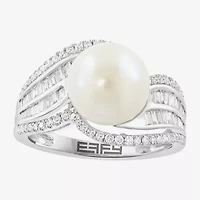 Effy Final Call Womens 1/2 CT. T.W. 10-10.5MM Genuine White Cultured Freshwater Pearl 14K White Gold Round Side Stone Cocktail Ring