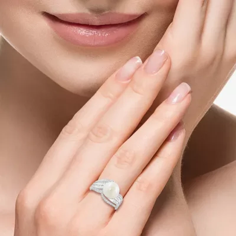 Effy Final Call Womens 1/2 CT. T.W. 10-10.5MM Genuine White Cultured Freshwater Pearl 14K White Gold Round Side Stone Cocktail Ring