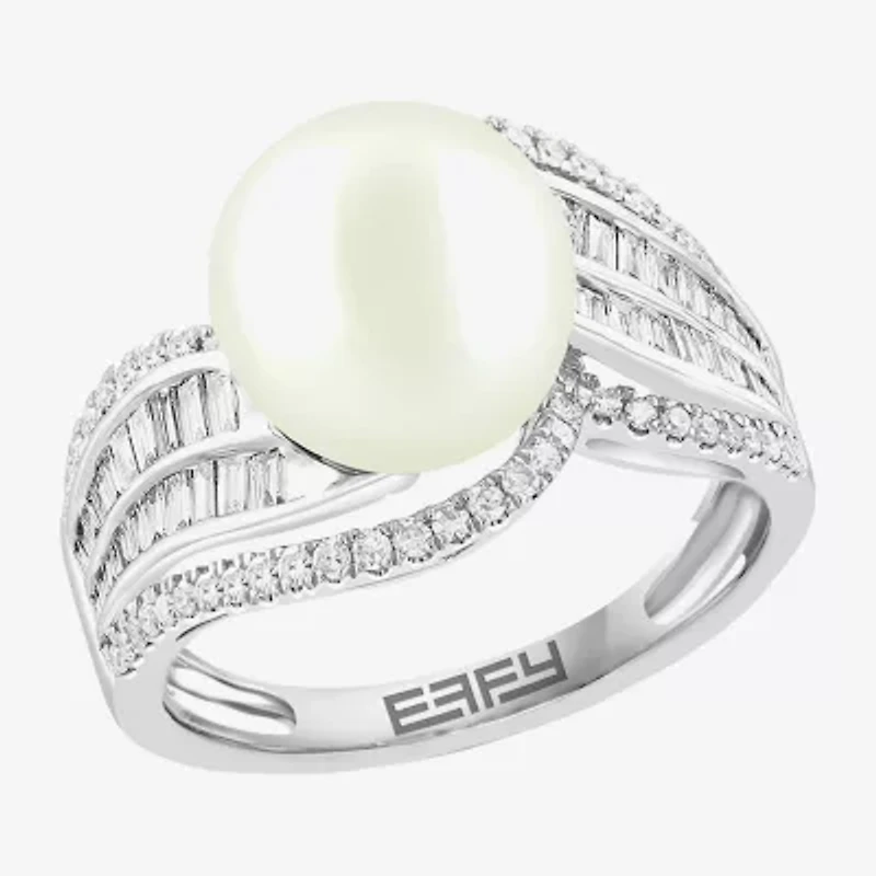 Effy Final Call Womens 1/2 CT. T.W. 10-10.5MM Genuine White Cultured Freshwater Pearl 14K White Gold Round Side Stone Cocktail Ring