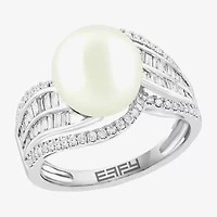 Effy Final Call Womens 1/2 CT. T.W. 10-10.5MM Genuine White Cultured Freshwater Pearl 14K White Gold Round Side Stone Cocktail Ring