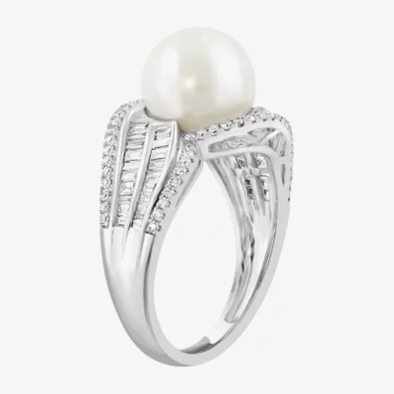 Effy Final Call Womens 1/2 CT. T.W. 10-10.5MM Genuine White Cultured Freshwater Pearl 14K White Gold Round Side Stone Cocktail Ring