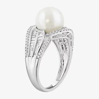 Effy Final Call Womens 1/2 CT. T.W. 10-10.5MM Genuine White Cultured Freshwater Pearl 14K White Gold Round Side Stone Cocktail Ring