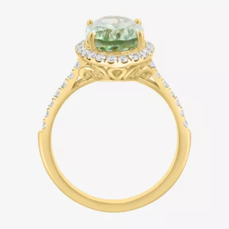 Effy Final Call Womens 1/2 CT. T.W. Genuine Green Amethyst 14K Gold Oval Halo Side Stone Cocktail Ring