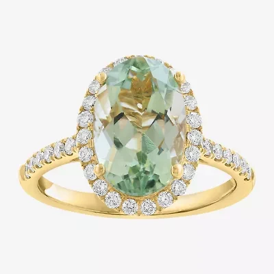 Effy Final Call Womens 1/2 CT. T.W. Genuine Green Amethyst 14K Gold Oval Halo Side Stone Cocktail Ring