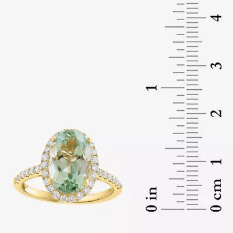 Effy Final Call Womens 1/2 CT. T.W. Genuine Green Amethyst 14K Gold Oval Halo Side Stone Cocktail Ring