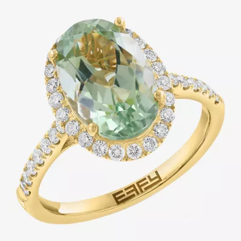 Effy Final Call Womens 1/2 CT. T.W. Genuine Green Amethyst 14K Gold Oval Halo Side Stone Cocktail Ring