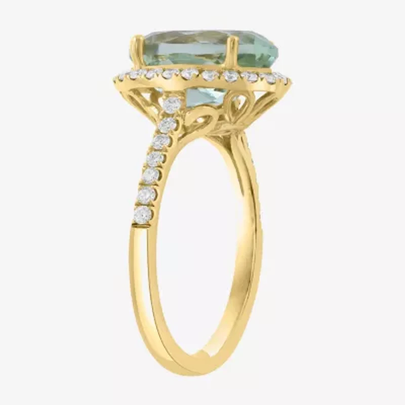 Effy Final Call Womens 1/2 CT. T.W. Genuine Green Amethyst 14K Gold Oval Halo Side Stone Cocktail Ring