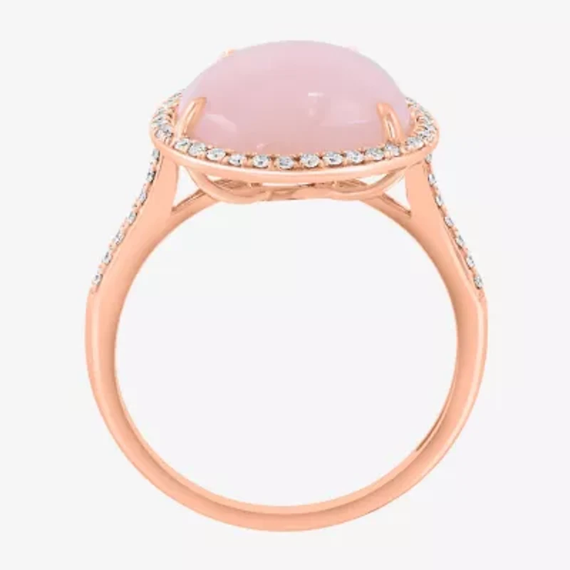 Effy Final Call Womens 1/5 CT. Genuine Pink Opal 14K Rose Gold Pear Halo Side Stone Cocktail Ring