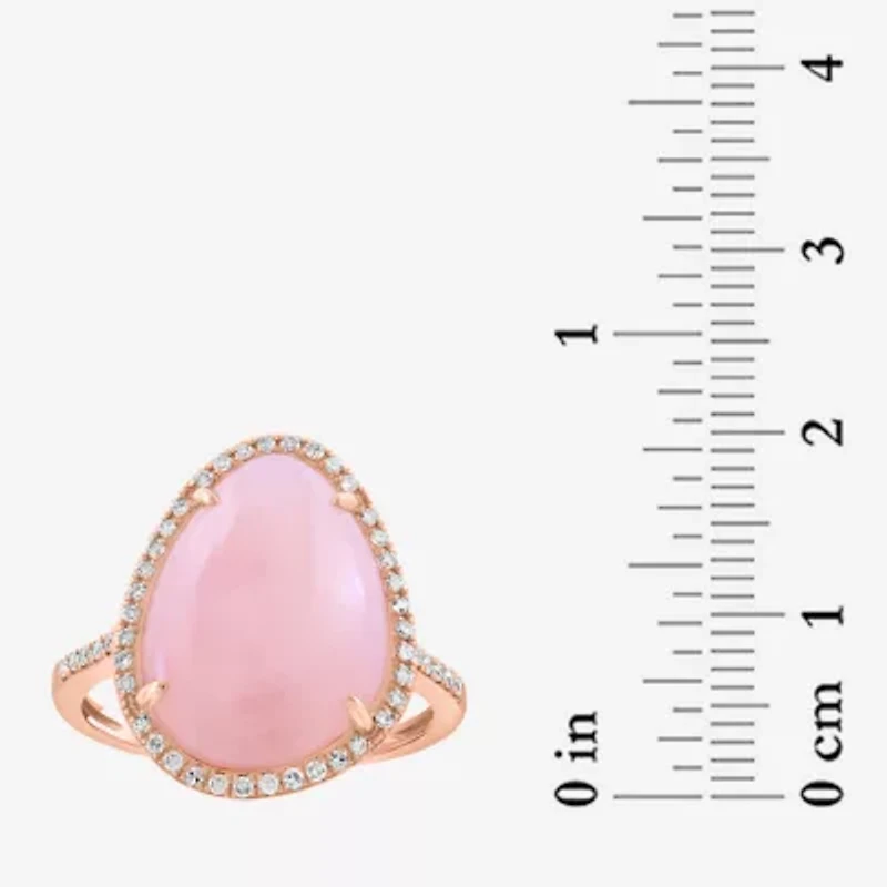 Effy Final Call Womens 1/5 CT. Genuine Pink Opal 14K Rose Gold Pear Halo Side Stone Cocktail Ring