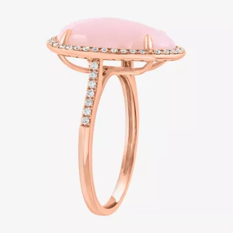 Effy Final Call Womens 1/5 CT. Genuine Pink Opal 14K Rose Gold Pear Halo Side Stone Cocktail Ring