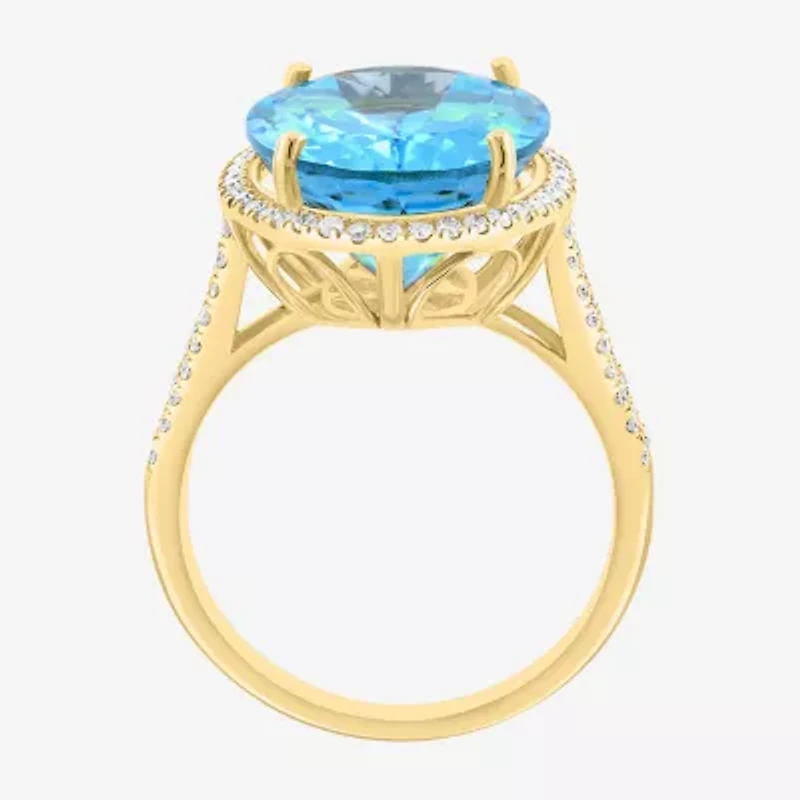 Effy Final Call Womens 3/8 CT. T.W. Genuine Blue Topaz 14K Gold Oval Halo Side Stone Cocktail Ring
