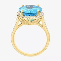 Effy Final Call Womens 3/8 CT. T.W. Genuine Blue Topaz 14K Gold Oval Halo Side Stone Cocktail Ring