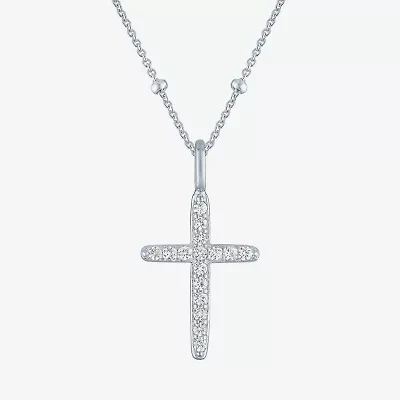 Yes, Please! Womens Lab Created White Sapphire Sterling Silver Cross 18 Inch Pendant Necklace