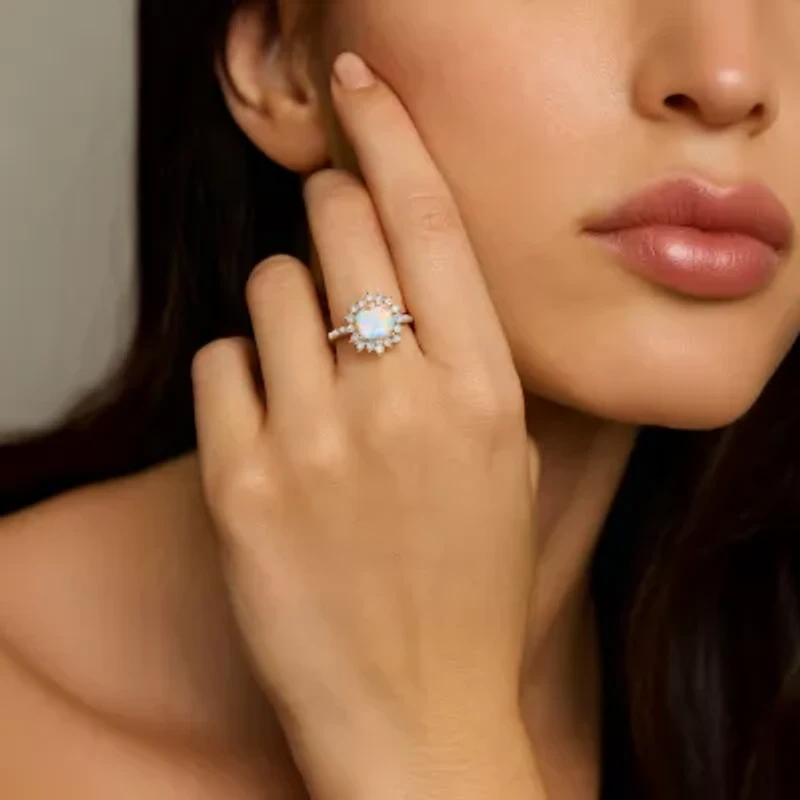 Yes, Please! Womens Lab Created Multi Color Opal 14K Rose Gold Over Silver Side Stone Cocktail Ring
