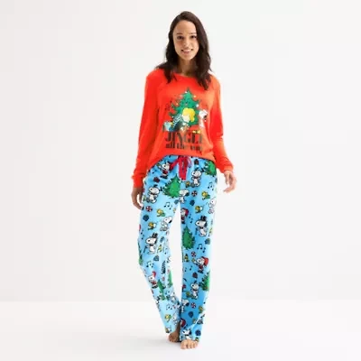 Womens Snoopy Microfleece Crew Neck Long Sleeve 2-pc. Pajama Sets